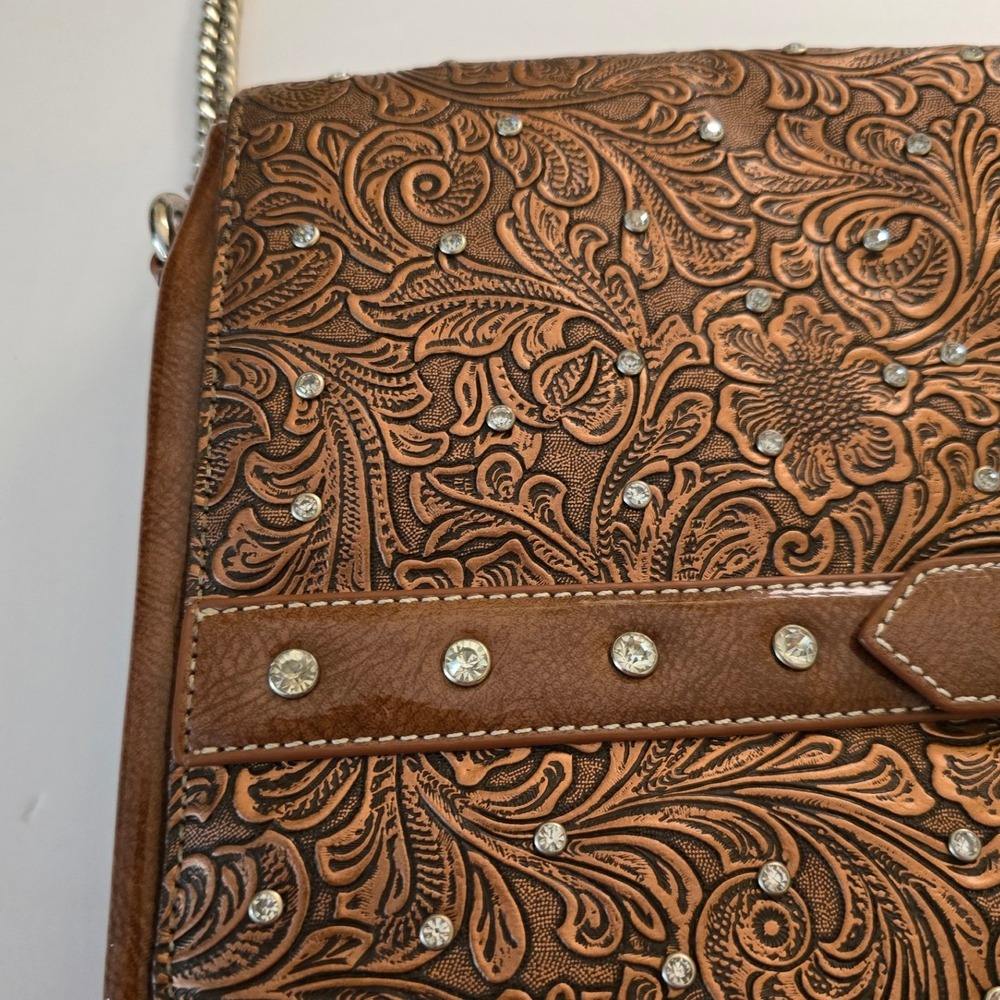 Western Embossed Buckle Crossbody Bag Bronze Brown Chain Strap w/ rhinestones - Picture 5 of 14